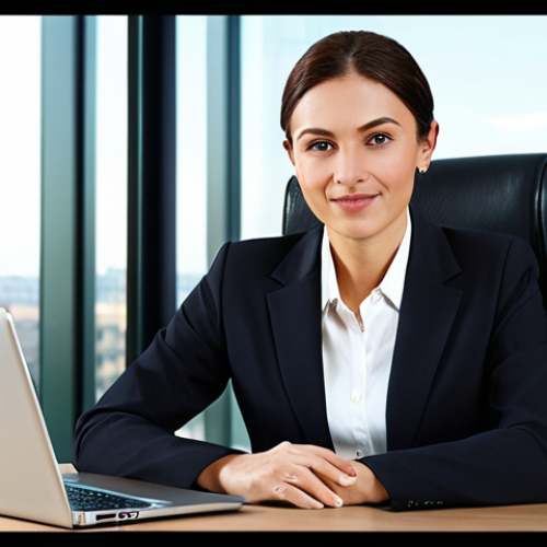 Home 18 A professional businesswoman in a modest business suit, sitting at a desk in a modern office, fully clothed, appropriate attire, safe for work, perfect anatomy, natural proportions, professional photography, high quality.