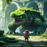 포켓몬스터 애니메이션 속 지리적 배경 - A breathtaking, sprawling ancient ruin complex, deep within a lush, vibrant jungle. Massive stone st...