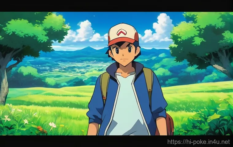 포켓몬스터 애니 속 리그 대회 분석 - A determined Ash Ketchum, around 16 years old, standing confidently with his loyal Pikachu perched o...
