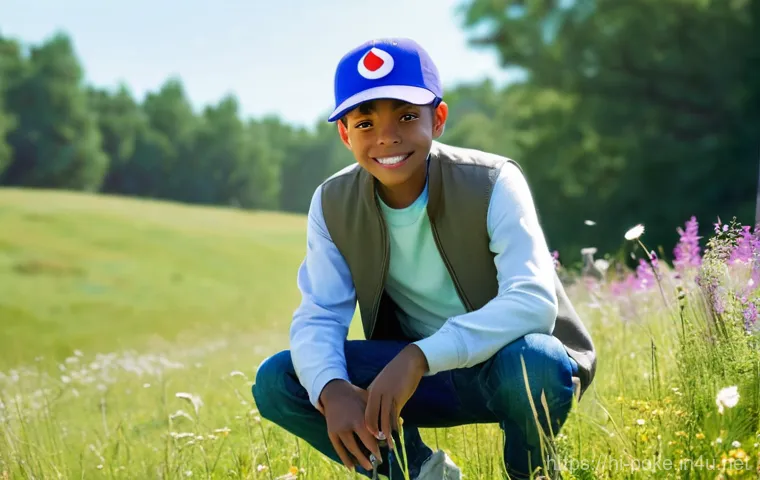 애니 속 포켓몬의 전설적 도전 과제 - **Prompt:** A heartwarming and serene scene. Ash, a young boy with his iconic blue and white cap, re...