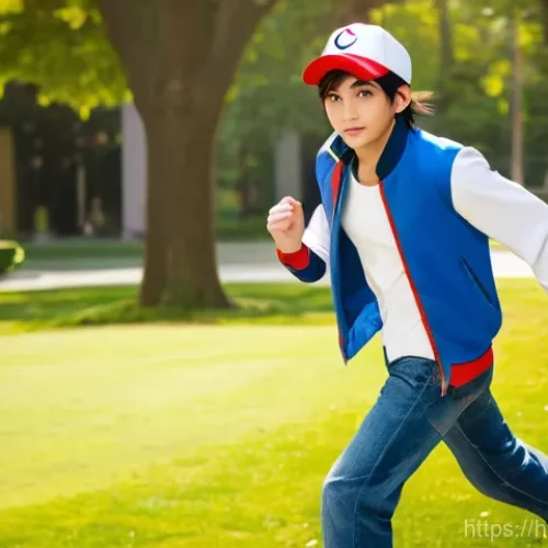 Home 22 포켓몬스터 애니 캐릭터 코스프레 가이드 - **Prompt:** "A young, energetic cosplayer portraying Ash Ketchum from Pokémon. They are captured mid...