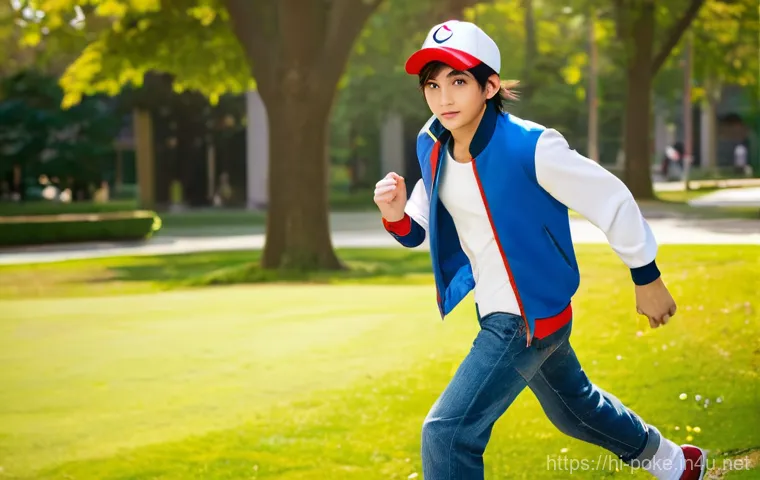 포켓몬스터 애니 캐릭터 코스프레 가이드 - **Prompt:** "A young, energetic cosplayer portraying Ash Ketchum from Pokémon. They are captured mid...