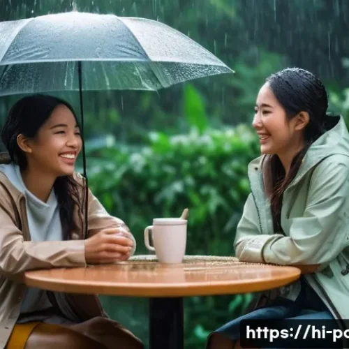 Home 26 지우와 세레나의 관계와 추억의 에피소드 - A warm, heartfelt scene capturing two close friends, Jiu and Serena, sitting together under gentle r...