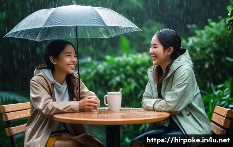 지우와 세레나의 관계와 추억의 에피소드 - A warm, heartfelt scene capturing two close friends, Jiu and Serena, sitting together under gentle r...
