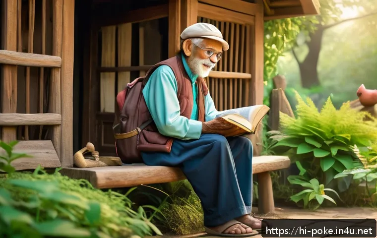 포켓몬스터 애니 속 여행 중 만난 NPC 캐릭터들 - A warm, rustic village scene featuring an elderly NPC storyteller sitting on a wooden bench outside ...